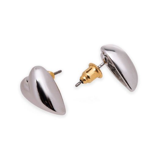 A pair of heart shaped silver stud earrings. They are laid on a white surface, showing the back of each earring.